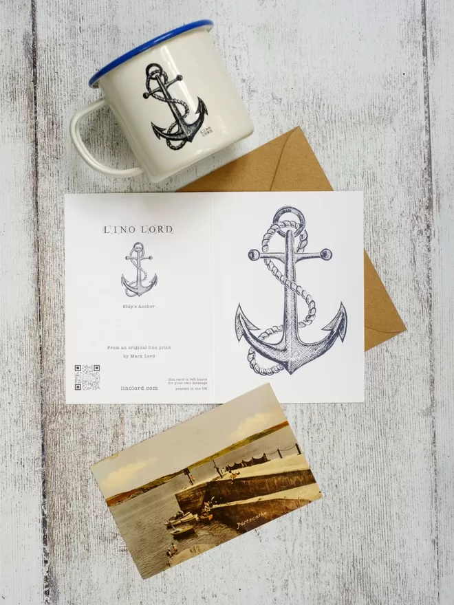 Greeting Card with an image of a Ships Anchor taken from an original lino print