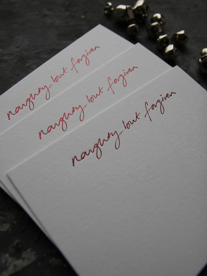 Christmas notecard from Santa that has a tick box for Naughty But Forgiven in red foil with an envelope that says North Pole Mail