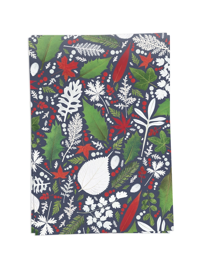 2 Folded sheets of Pressed Winter Leaves Christmas Gift Wrap.