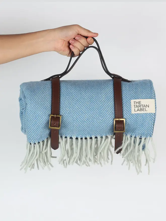 Sky Recycled Wool Tartan Blanket, a person holding a blue picnic blanket in front of a white backdrop. 
