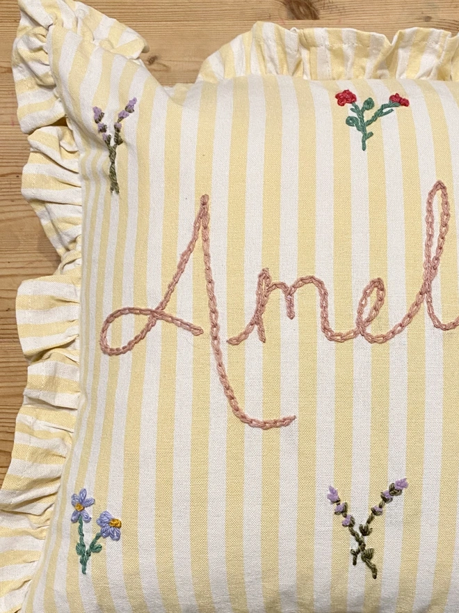 Personalised Lemon Stripe Cushion With Ruffle Trim