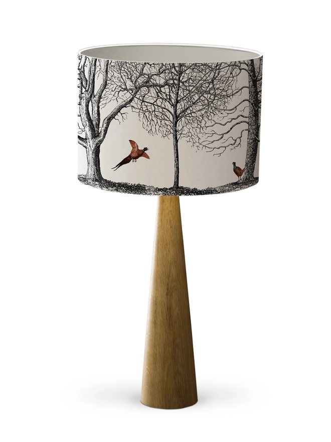 Handmade pheasant lampshade with whimsical woodland illustrations inspired by the British countryside
