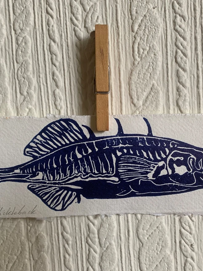 Lino Print Spiked Stickleback Fish On Handmade Paper