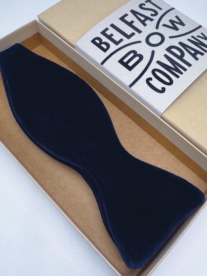 Navy Velvet Self-Tie Bow Tie handmade by the Belfast Bow Company