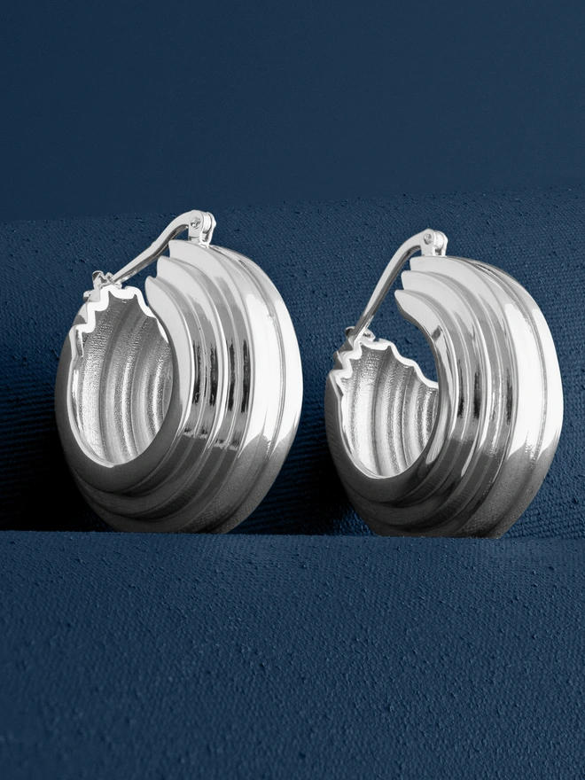 Loel Silver Triple Ridge Hoop Earrings