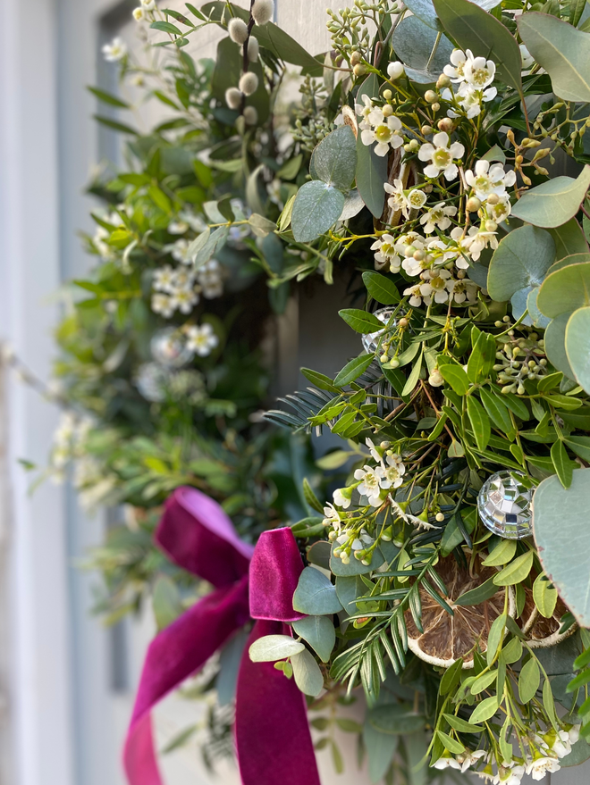 Handmade Fresh Christmas Wreath Eucalyptus Disco Balls Pink Velvet Bow