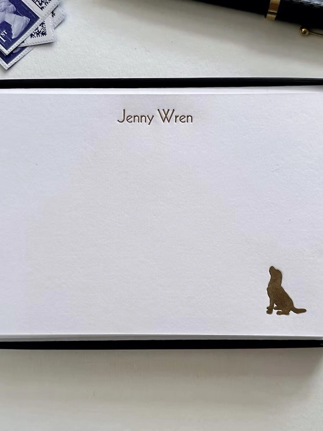 Personalised Companion Correspondence Cards (Set Of 10, 20), golden labrador icon in corner of white correspondence letter with name personalisation. 
