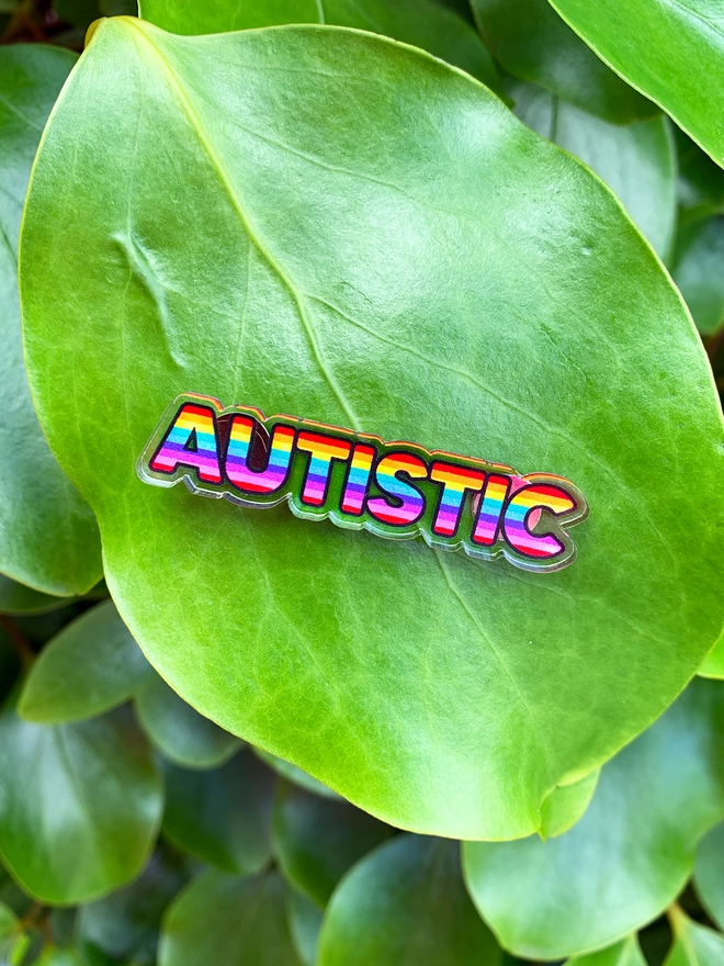 image shows an acrylic badge in the shape of the word 'autistic'. the letters are filled with horizontal rainbow stripes.