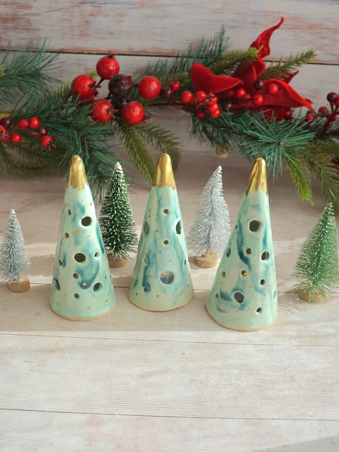 christmas tree lanterns, christmas tea light lanterns, christmas accessories, christmas lights, christmas trees lanterns, ceramic tree lanterns, ceramic christmas tree decorations, ceramic christmas trees, Jenny Hopps Pottery, green ceramic trees with gold 