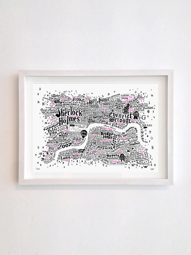 Central Literary London map pink fluoro in a frame