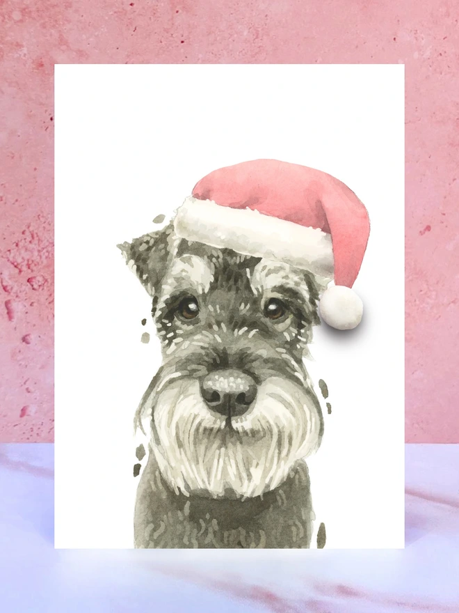 grey schnauzer dog santa hat pompom christmas card