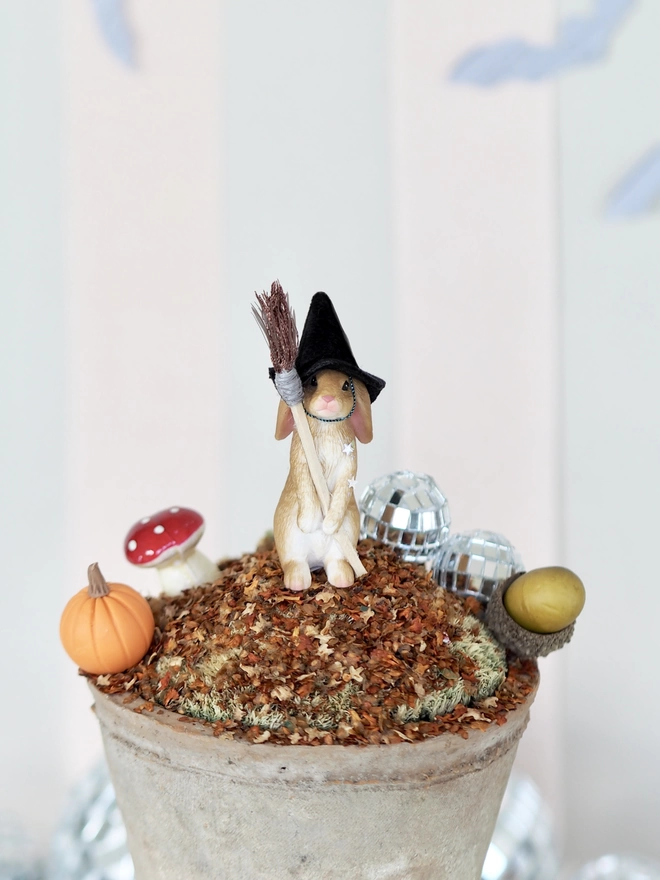 Halloween Bunny Rabbit Witch with Broom Cake topper decoration