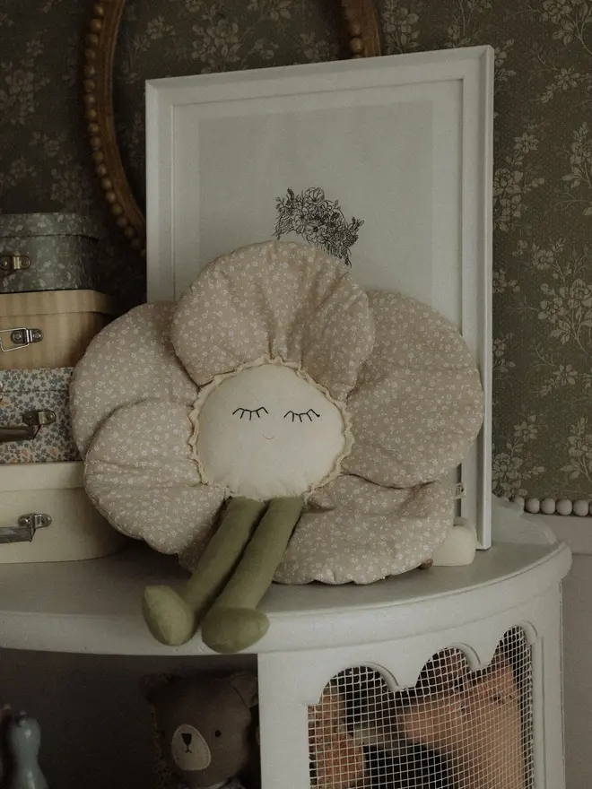Beige Flower Pillow, Baby Girl Nursery Decor, Botanical Wall Hanging
