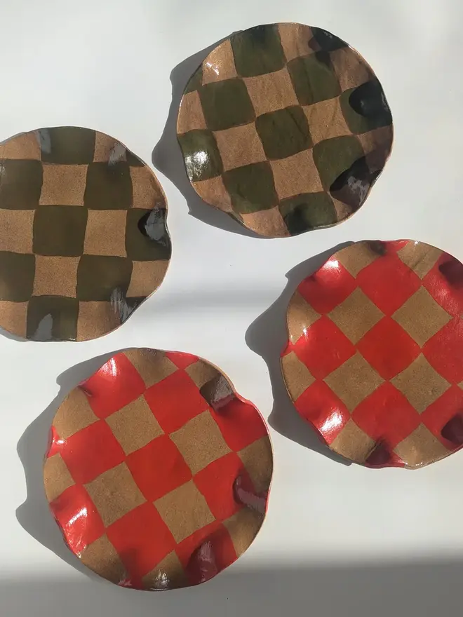 Set of Four Red & Smokey Olive Wavy Check Side Plates