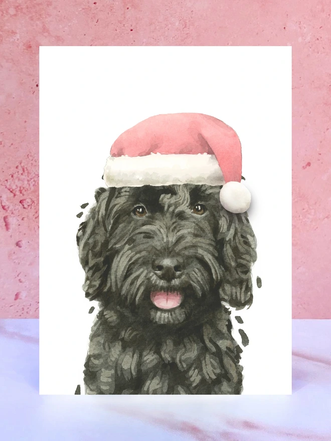 black cockapoo dog santa hat christmas card