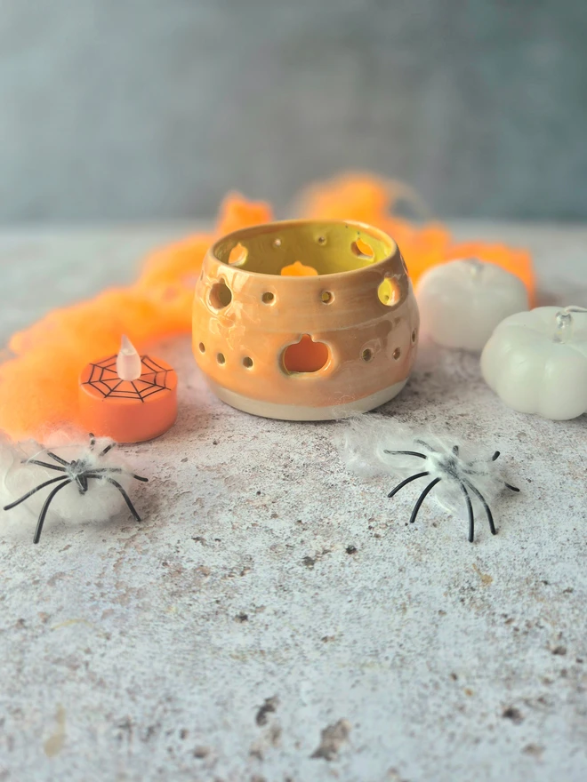 Halloween votive, Halloween tea light holder, Halloween decoration, pumpkin tea light holder, Jenny Hopps Pottery, Orange, Halloween gift