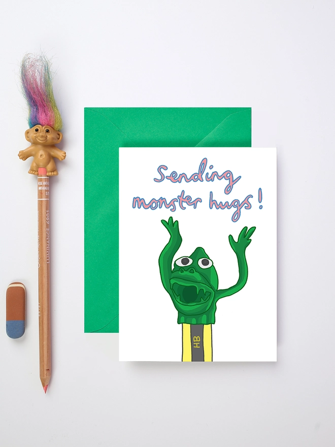 Quirky thinking of you card featuring a monster pencil topper