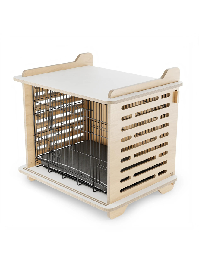 wooden dog crate interior side view with cushion and cage front