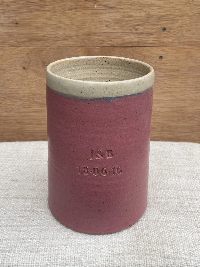 personalised raspberry rust wine cooler with wedding date & couples initials on it