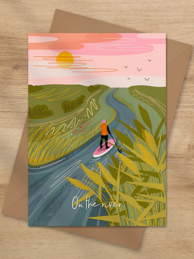 On the river paddle boarding greeting card