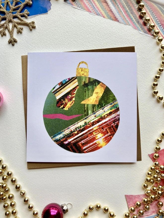 festive paper collage bauble christmas card