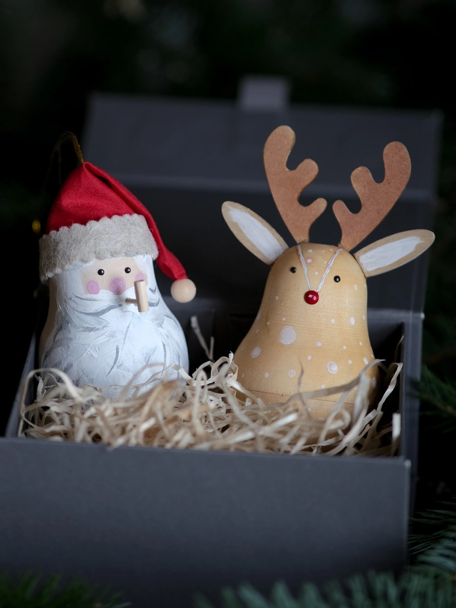 Handcrafted wooden Rudolph Christmas decoration opened to reveal a tiny “Dear Rudolph” note, 