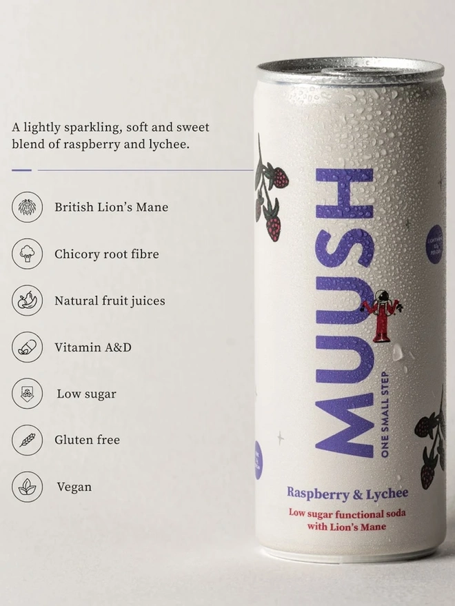 Raspberry & Lychee Cans (Pack Of 12), an infographic displaying details about the soda. 