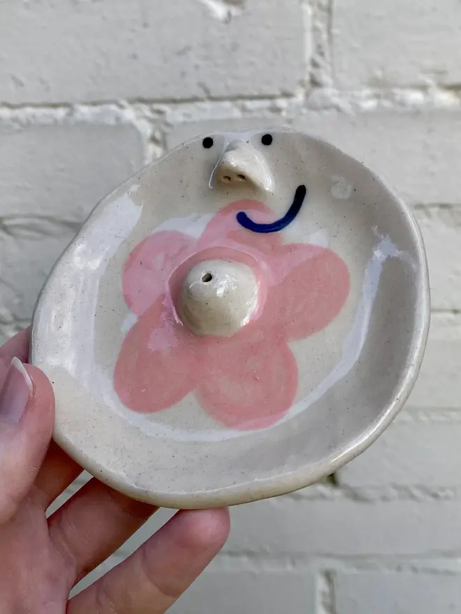 pink flower handmade ceramic incense dish