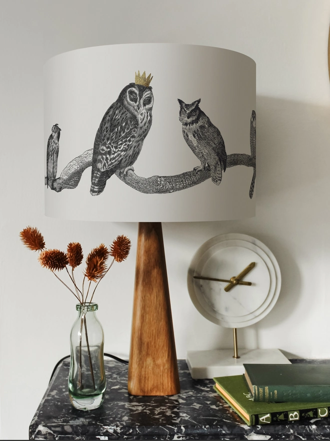 Handmade vintage owl lampshade featuring a parliament of illustrated owls perched together, created from antique animal etchings with monochrome details