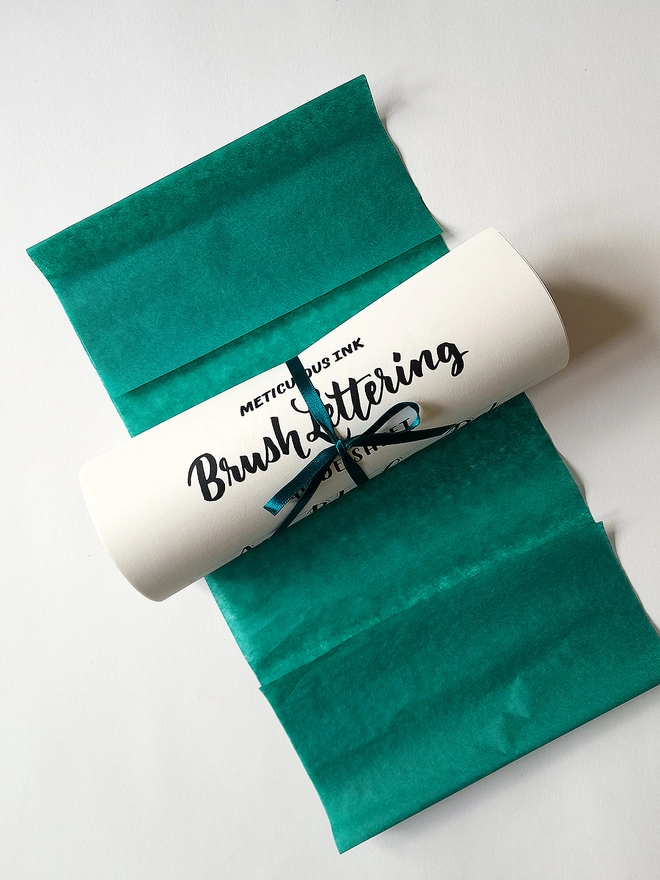 Meticulous Ink Brush Lettering Kit - Top view of scroll with ribbon inside tissue