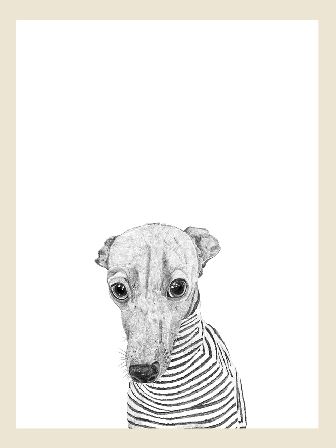 Artwork of the whippet in a stripey jumper art print