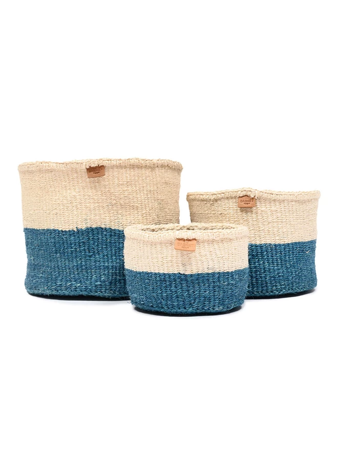 set of three teal colour block woven sisal storage baskets