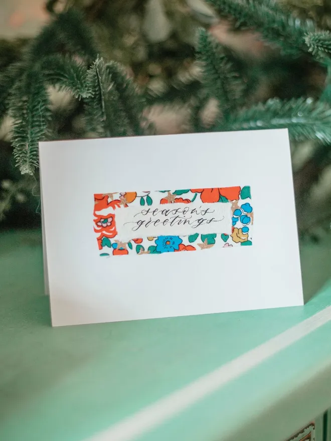 Liberty Fabric Christmas card with calligraphy