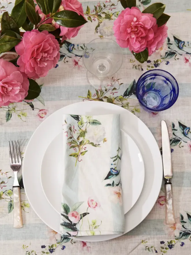 Floral stripe printed linen napkin