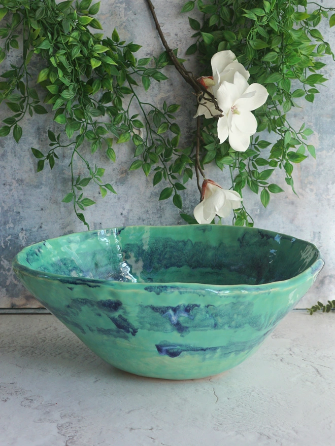 bathroom basin, bathroom sink, handcrafted sink, handcrafted basin ceramic basin, ceramic sink, Jenny Hopps Pottery, sculptural basin, bespoke basin, green basin, green sink