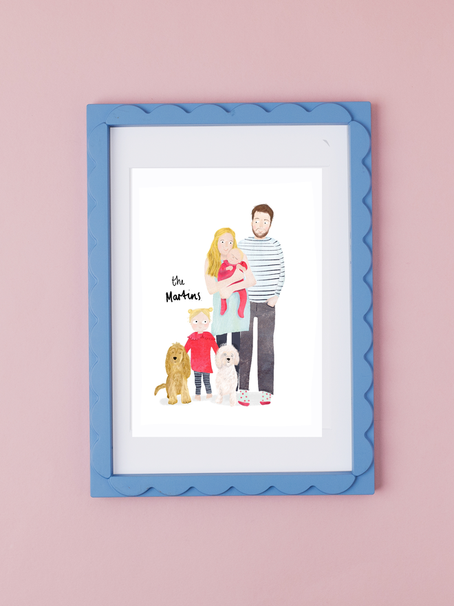 custom illustrated family portrait. portrait of parents, baby, toddler and dog.