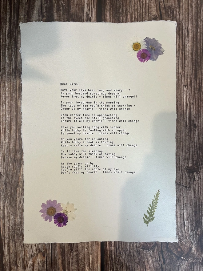 Antique vintage typewriter print hand typed onto cotton rag handmade deckled paper, decorated with real dried pressed flowers