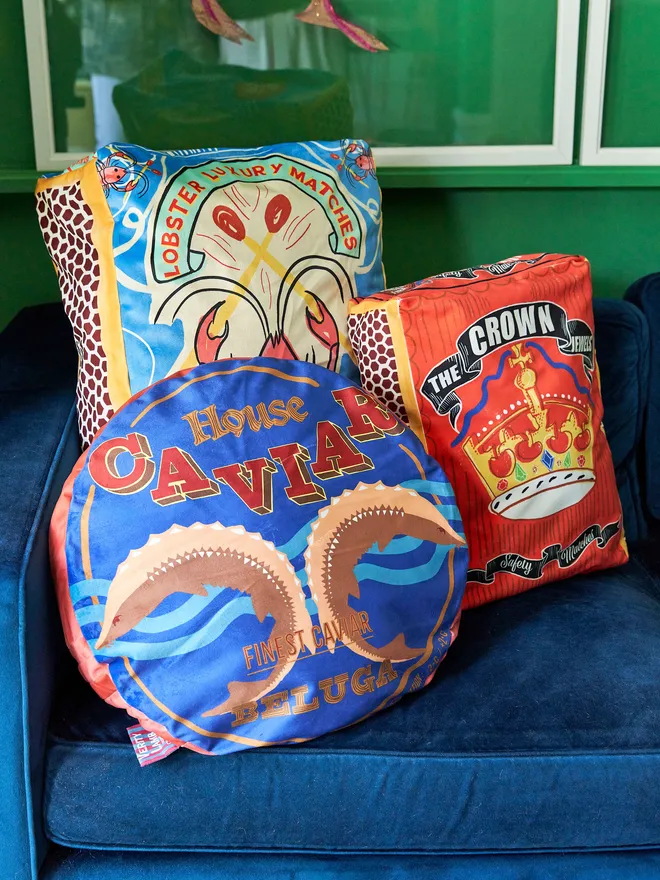 circular velvet cushion in caviar tin design