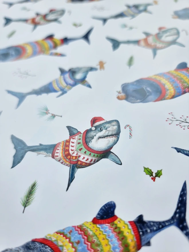 Christmas Sharks wearing sweaters wrapping paper