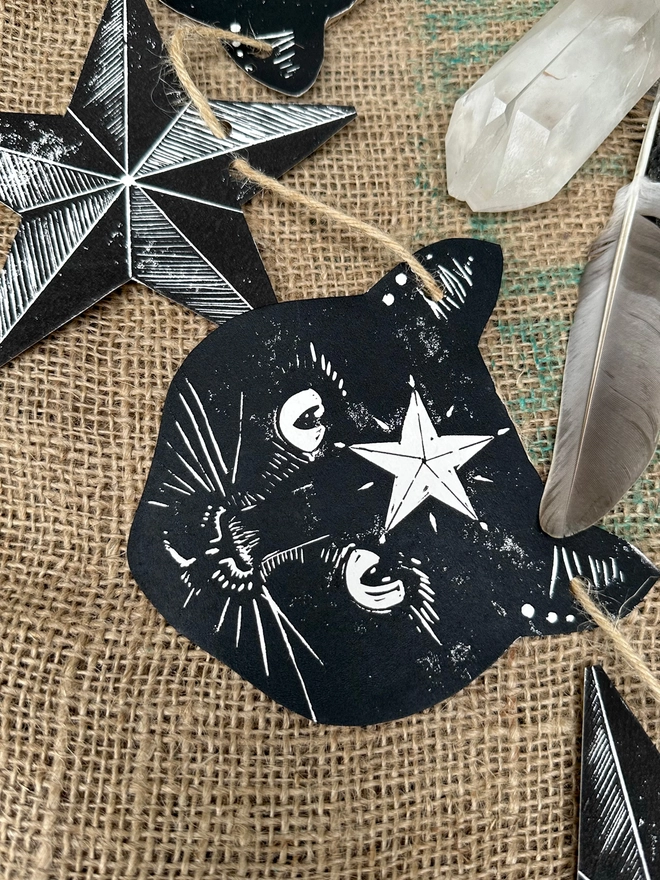 Hand Printed Black Cat & Stars Garland