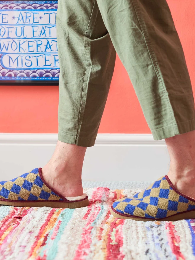 Lambswool & Sheepskin Slippers, a pair of colourful lambswool and sheepskin slippers in front of a colourful wall