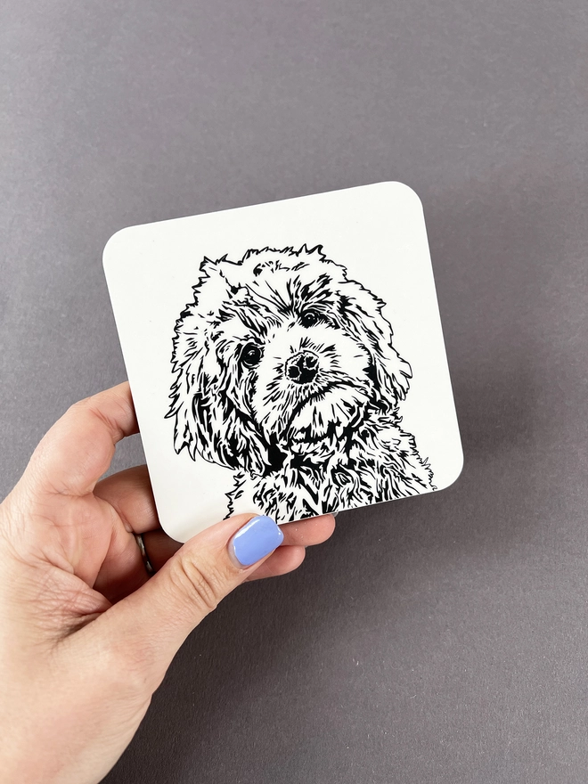 Melamine coaster illustrated with the face of a fluffy cockapoo puppy
