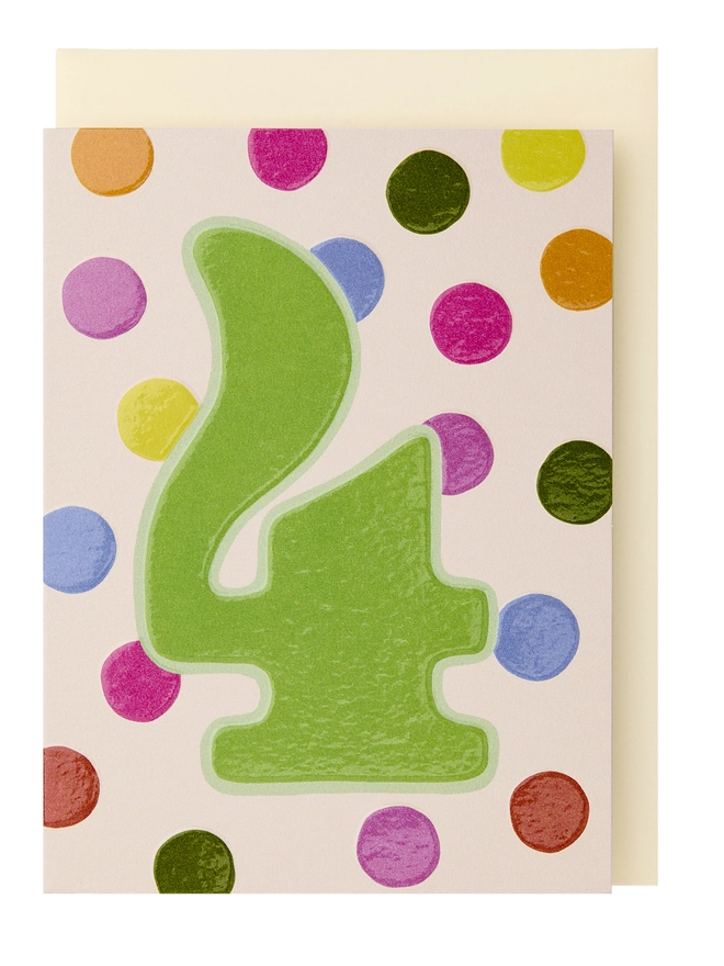 Age 4 card with colourful polka dots and large green 4 in the centre