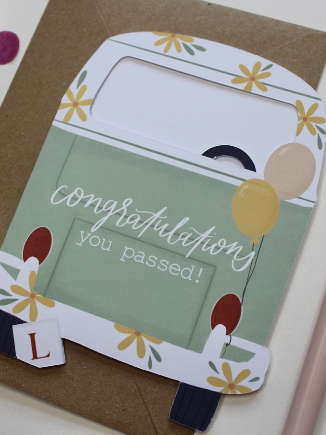 you passed driving test card. card shaped like campervan to congratulate new driver.