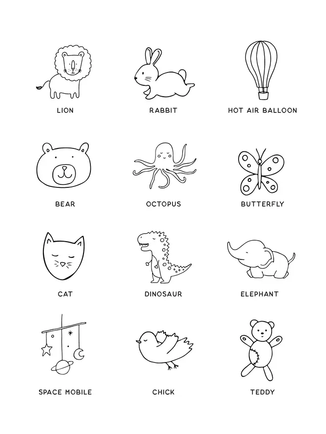 a set of illustrations made of cute baby animals and baby toys