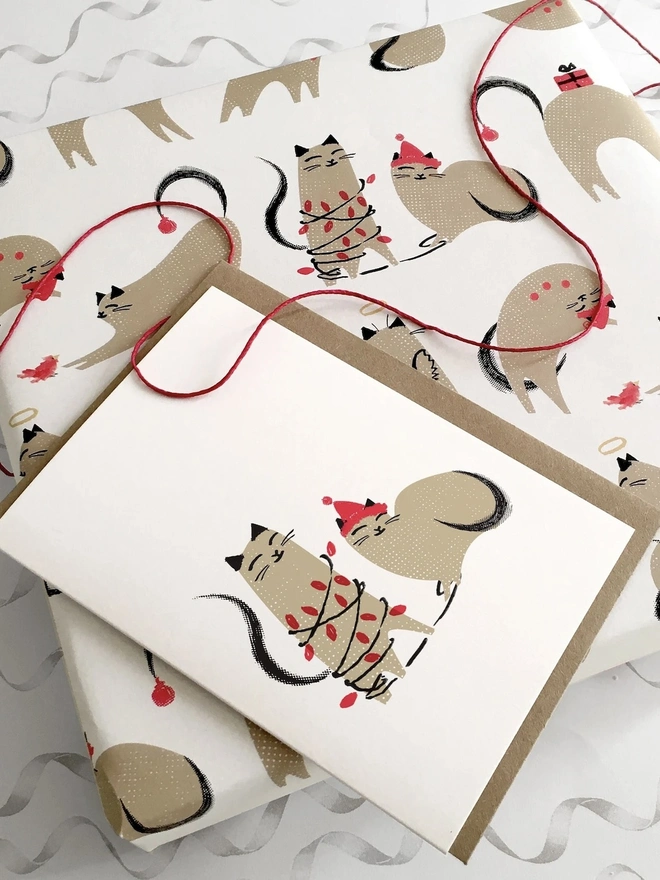 Two Naughty Cats Christmas Card And Gift Wrap Bundle