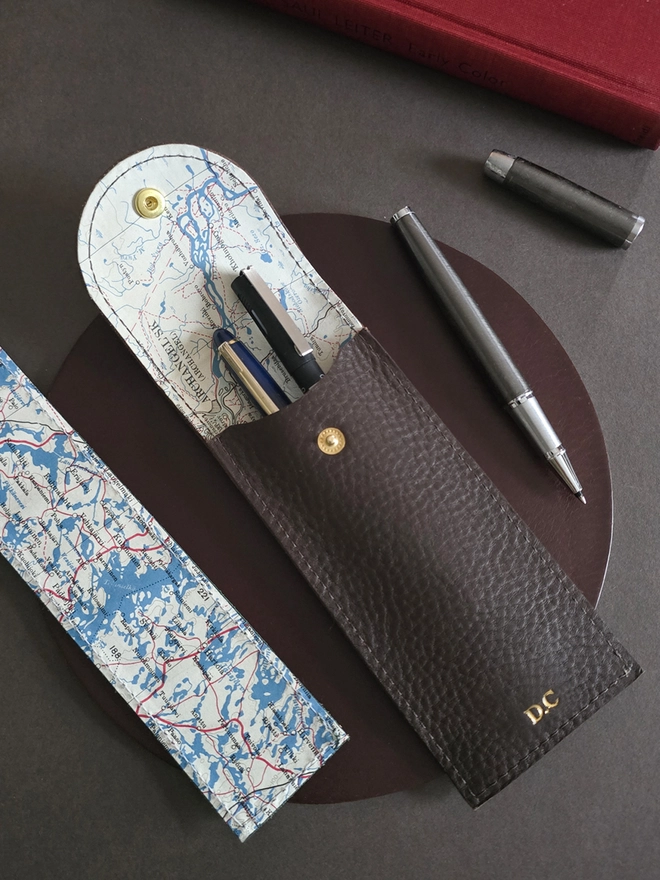 brown leather silk escape map pen case