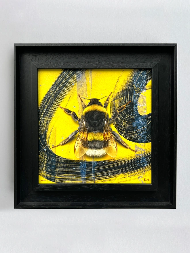 Highly detailed painting of a Bumblee bee on a yellow and black graffiti background with black brushstrokes on a yellow backdrop.