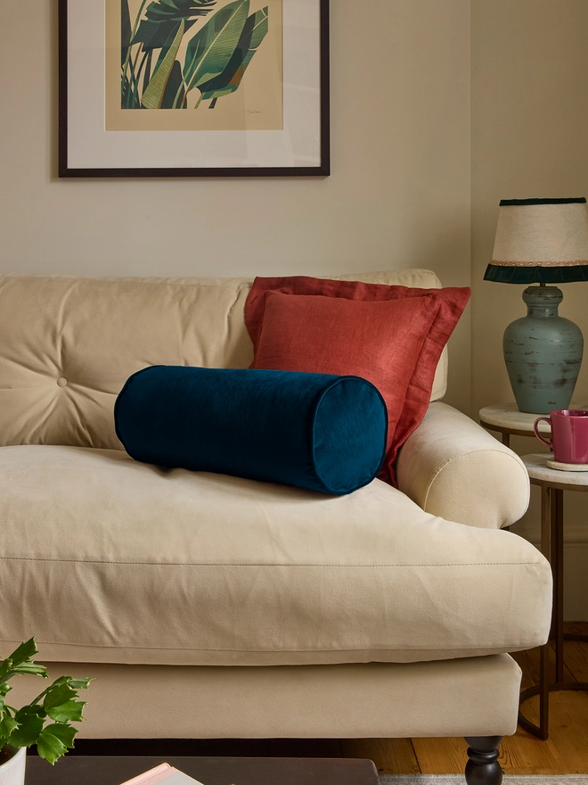 Kika Bespoke handmade velvet piped bolster cushion 50x20cm in Teal