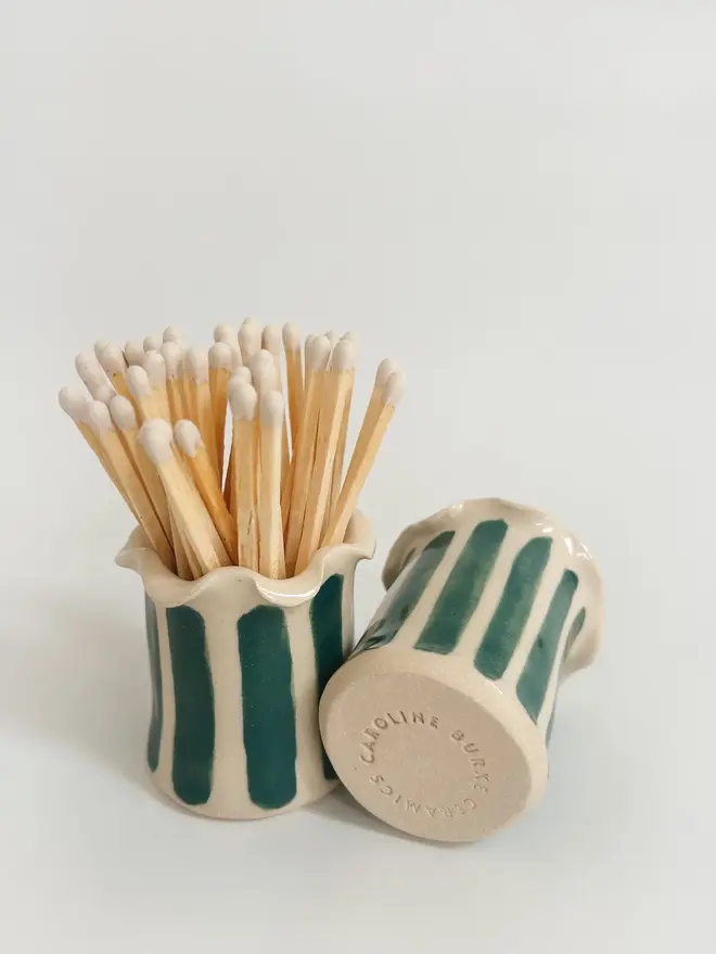 green stripe ceramic matchstick holders